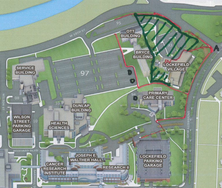 A map of IU Indianapolis' roads. The east sidewalk is circled in red.